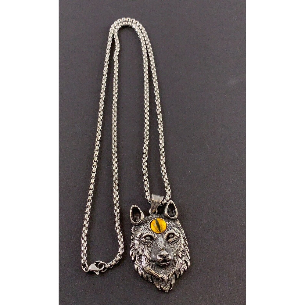 GulCean Men's Stainless Steel Cat Eye Accent Wolf Head Pendant Necklace New